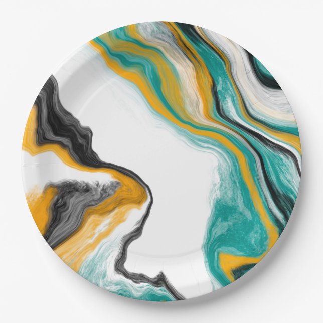 Türkis, Gold, Marmor Fluid Art Pappteller (Vorderseite)