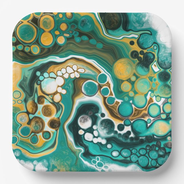 Türkis, Gold, Marmor Fluid Art Pappteller (Vorderseite)