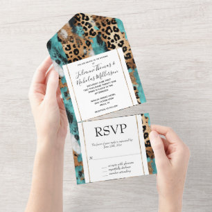 Türkis Gold Schwarz Leopard Hochzeit All In One Einladung
