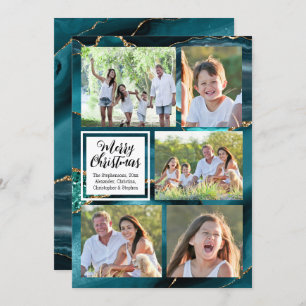 Türkis Gold Swirl Agate 5-Foto Frohe Weihnachten Einladung