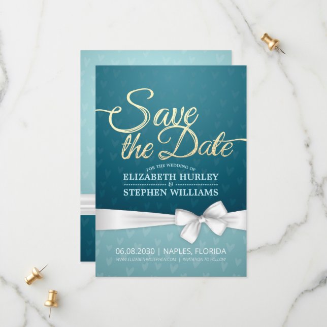 Türkis Gold & White Ribbon Script Save the Date (Vorderseite/Rückseite Beispiel)