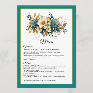 Türkis-goldene Floral-Hochzeit Menükarte