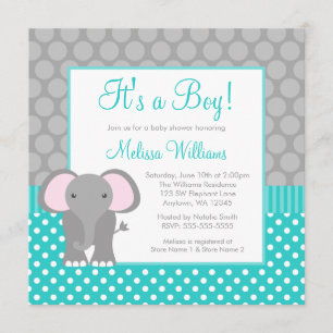 Türkis Gray Elephant Polka Dot Boy Baby Dusche Einladung