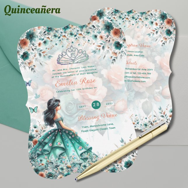 Türkis Green Quinceanera Dress Floral Butterfly Einladung (Von Creator hochgeladen)