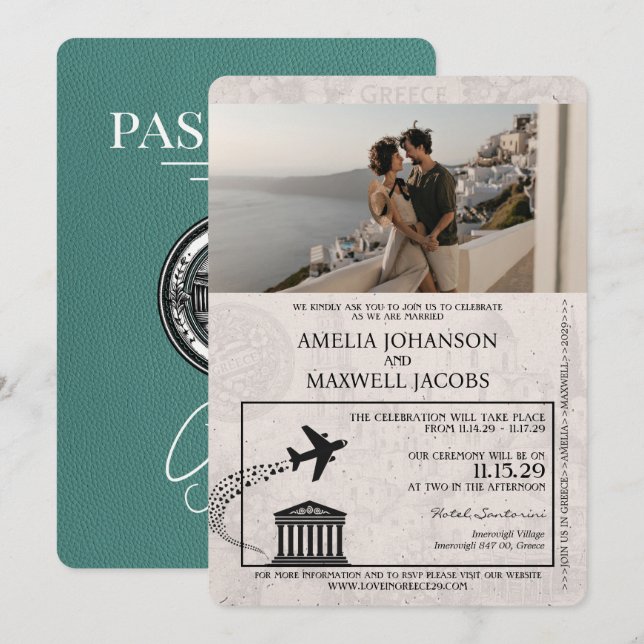 Türkis Griechenland Pass Einladung zur Hochzeit (Vorne/Hinten)