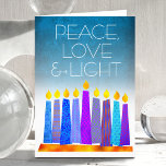 Türkis Hanukkah Boho Candles Peace Liebe Light Feiertagskarte<br><div class="desc">"Frieden, Liebe und Licht." Eine spielerische, moderne, künstlerische Abbildung von Boho Musterkerzen in einer Menorah hilft Ihnen, den Urlaub von Hanukkah zu beginnen. Die blauen Kerzen mit farbigen Imitat-Folienmustern überlagern einen türkisfarbenen Farbverlauf zu weißem, strukturiertem Hintergrund. Genießen Sie die Wärme und Freude der Urlaubssaison, wenn Sie diese atemberaubende, farbenfrohe, personalisierte...</div>