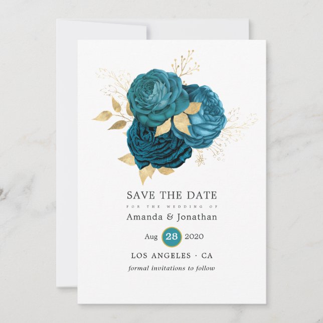 Türkis - Hochzeit mit Aquamarinen und goldenen Blu Save The Date (Vorderseite)