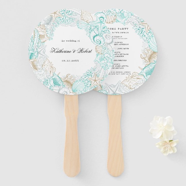 Türkis-Hochzeitsprogramm am Meer Hand Fan Fächer (Vorne und Hinten)