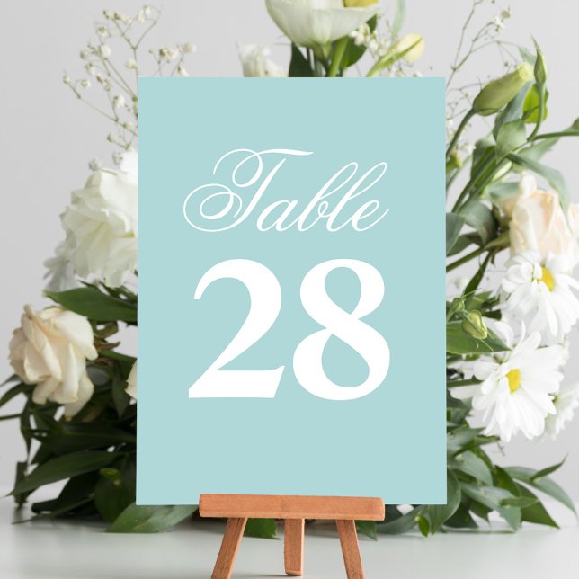 Türkis Hochzeitsskript Tischnummernschild  Tischnummer (Elegant turquoise blue wedding table number sign.)