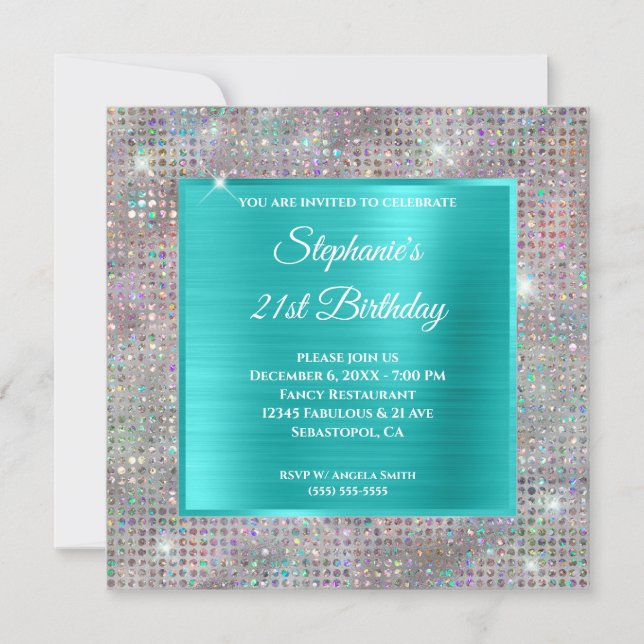 Türkis Holograph Diamond Studded Foil Birthday Einladung (Vorderseite)