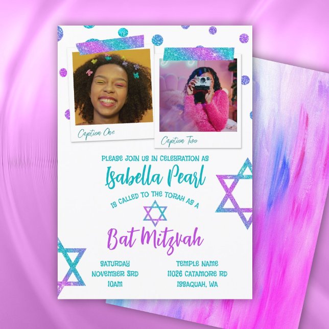 Türkis, Hot Pink Glitzer Polka Dots Bat Mitzvah Einladung (pink glitter bat mitzvah invitation with polka dots and star of david, cute photo collage turquoise)