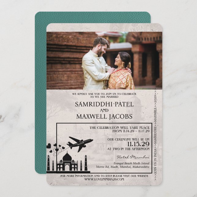 Türkis Indien Pass Einladung Hochzeit (Vorne/Hinten)