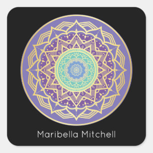 Türkis Indigo und Lila Gold Mandala Quadrat S Quadratischer Aufkleber