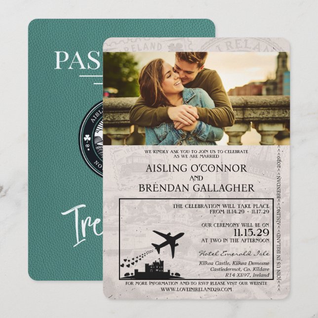 Türkis Irland Pass Einladung Hochzeit (Vorne/Hinten)