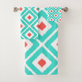 Türkis, Korallen, Weiß Ikat Diamantmuster Badhandtuch Set