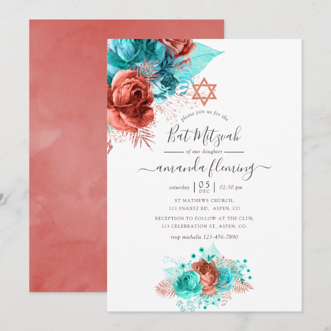 Türkis & Korallenwasser Farbe Floral Bat Mitzvah Einladung (Vorne/Hinten)