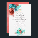 Türkis & Korallenwasser Farbe Floral Bat Mitzvah Einladung<br><div class="desc">Türkisfarbene und korallenfarbene Rose und tropische Imitate Glitzer Blattfledermaus Mitzvah Einladung mit eleganter Handschrift Typografie.</div>