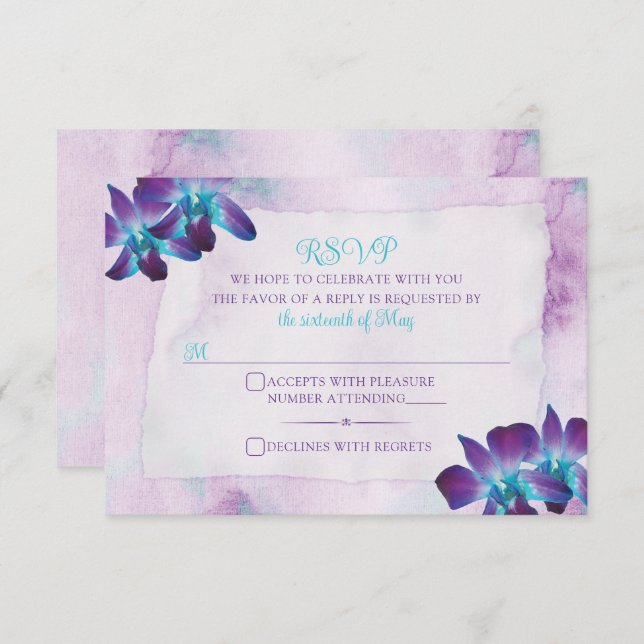 Türkis Lila Blue Dendrobium Orchid Wedding RSVP Karte (Vorne/Hinten)