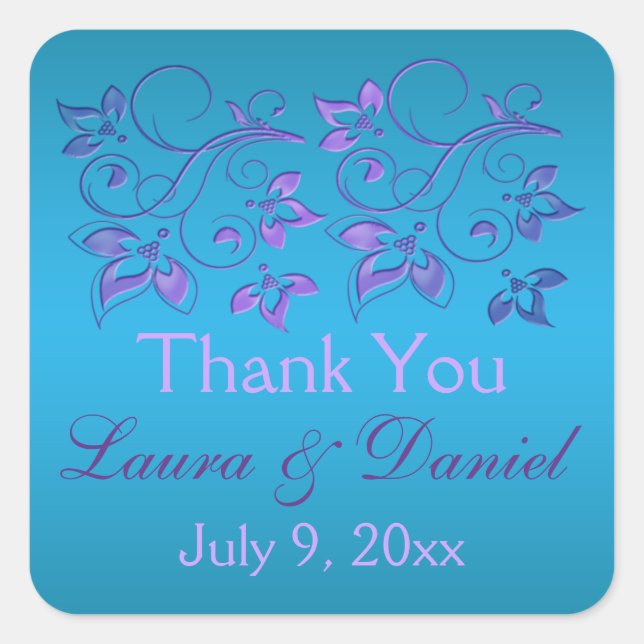 Türkis, Lila floral 1,5"². Hochzeitsticker Quadratischer Aufkleber (Vorderseite)
