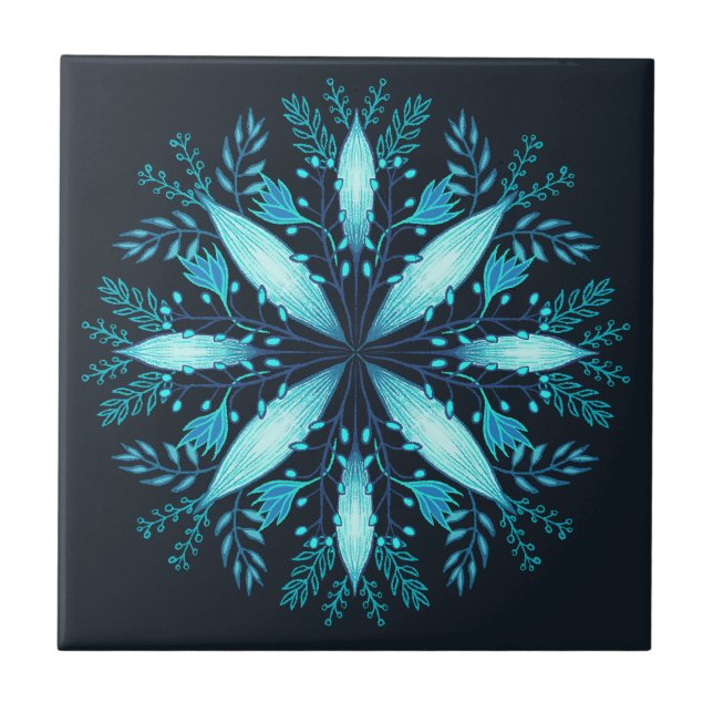 Türkis Mandala - Blauer Winter Schneeflocken Blume Fliese (Vorderseite)