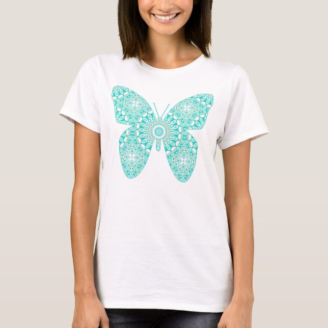 Türkis Mandala Butterfly Design T-Shirt (Vorderseite)
