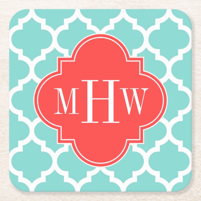 Türkis Marokkanisch #5 Korallenrot 3 Initialmonogr Rechteckiger Pappuntersetzer (Vorderseite)