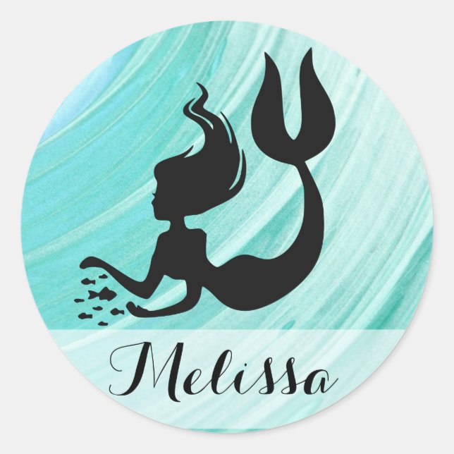 Türkis Mermaid Silhouette Name Aufkleber (Vorderseite)