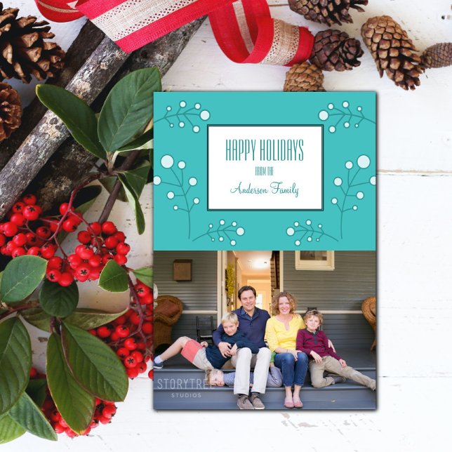 Türkis Moderne Berry Holiday Foto Card Einladung (Turquoise Modern Berry Holiday Photo Card)