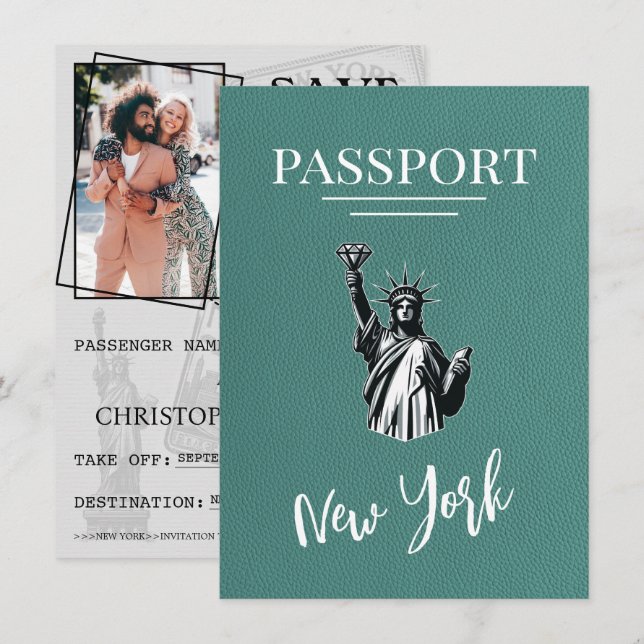 Türkis New York City Passport Save the Date (Vorne/Hinten)