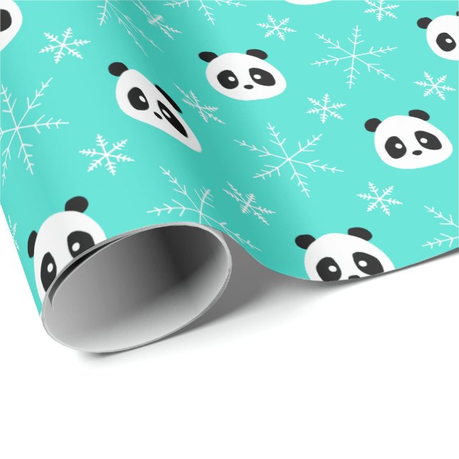 Türkis - Niedliche Pandas mit Schneeflocken Geschenkpapier (Rolleneckpunkt)