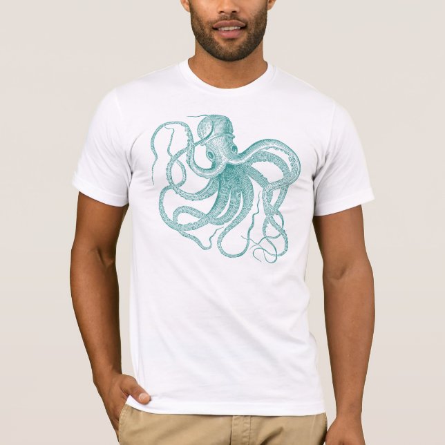 Türkis Octopus Vintag Illustration T - Shirt (Vorderseite)