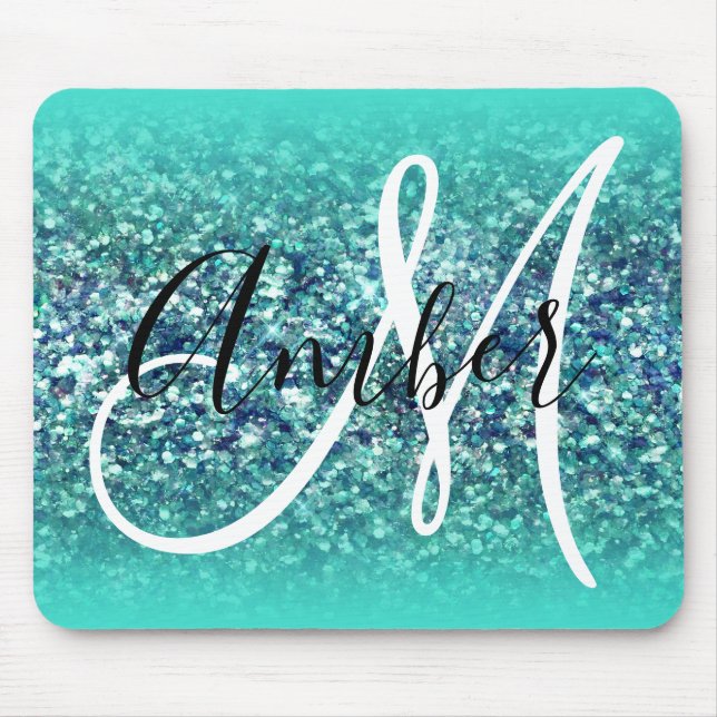 Türkis Ombre Aquamarin Blue Glam Glitzer Monogram Mousepad (Vorne)