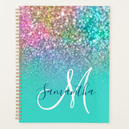 Türkis Ombre farbenfroher Mermaid Glitzer Monogram Planer