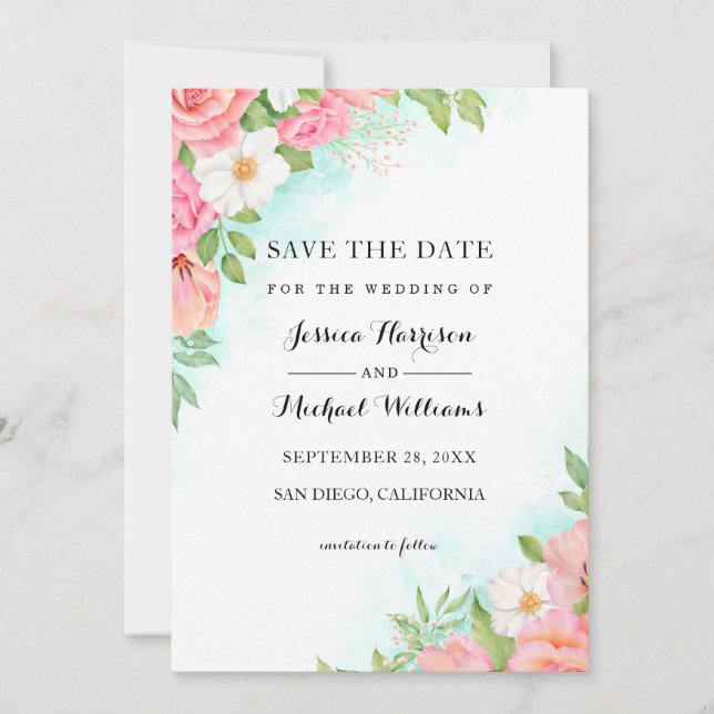 Türkis Ombre Floral Bouquet Rose Wedding Save The Date (Vorderseite)