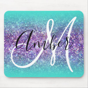 Türkis Ombre Lila Glam Glitzer Monogram Mousepad