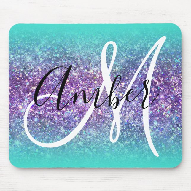 Türkis Ombre Lila Glam Glitzer Monogram Mousepad (Vorne)