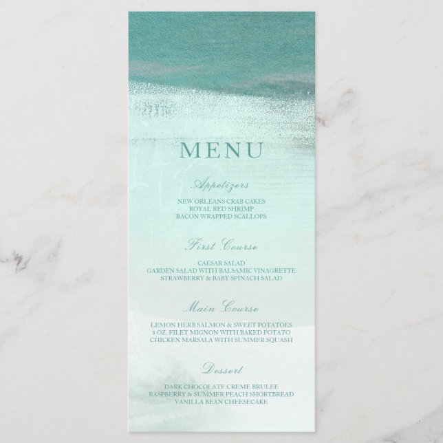 Türkis Ombre Watercolor Beach Wedding Menu Menükarte (Vorderseite)