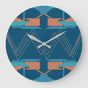 Türkis Orange auf Dark Blue Zig-Zag Südwest Große Wanduhr