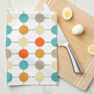 Türkis Orange Creme Beige Kreise Auf Schwarzen Lin Geschirrtuch