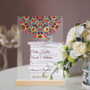 Türkis Orange Whimsical Florales Mandala-Hochzeit Acryleinladungen