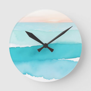 Türkis Ozean Aquarell Sonnenuntergang Runde Wanduhr