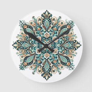 Türkis Paisley Mandala mit Gold Akzente 1 Runde Wanduhr