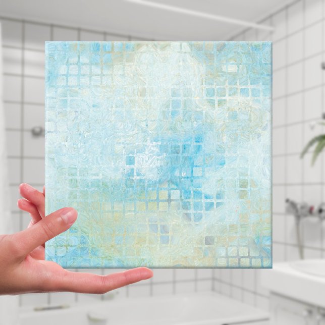 Türkis Pastel Geometrisches Badezimmer Tile Fliese (Tile featuring a geometric artistic checkered pattern in ocean and seafoam colors)