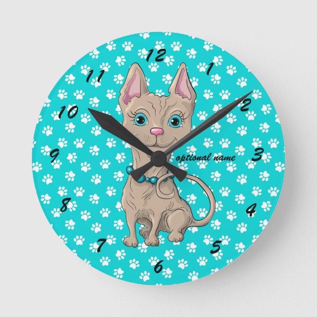Türkis Paw Print Sphynx Chat Wall Clock Runde Wanduhr (Vorderseite)