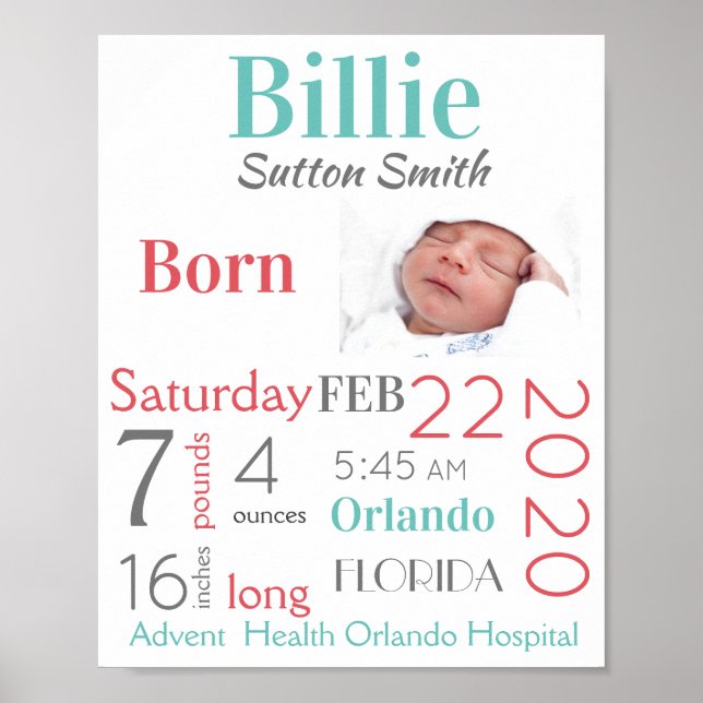 Türkis & Peach Baby Birth Stats Geschlecht neutral Poster (Vorne)