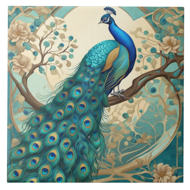 Türkis Peacock Bird Kunst, Dichtung und Musik Fliese (Vorderseite)