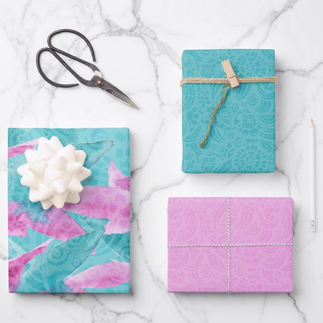 Türkis Pink Abstrakt Hawaiianische Blume Geschenkpapier Set (Vorderseite)