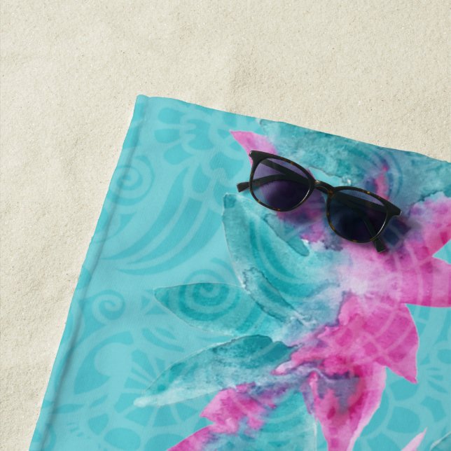 Türkis Pink Abstrakt Hawaiianische Blume Strandtuch (Beispiel)