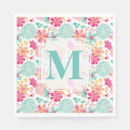 Türkis Pink Painted Floral Monogram Napkins Serviette