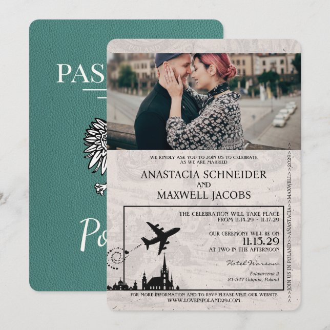 Türkis Polen Pass Einladung Hochzeit (Vorne/Hinten)